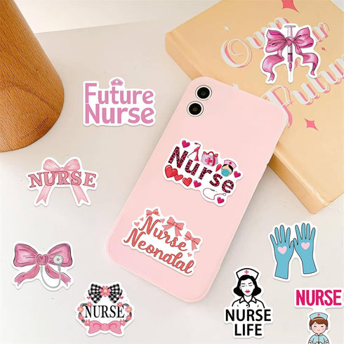 Hopetl 50Pcs Pink Bow Nurse Stickers Medical Accessories Stickers for Laptop, Water Bottle, Scrapbook, Journaling