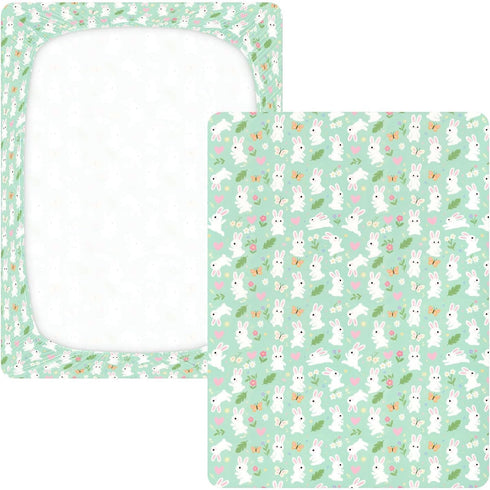 miaozhen 1 Pack 52x28 Cotton Baby Crib Sheets Ultra Soft Cute Bunny Rabbit Butterfly Flower Light Green Playard
