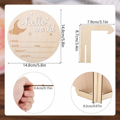 BOXOB 5.8in Wooden Hello World Newborn Sign, Birth Announcement Board Baby Name Plaque Birth Stats Board for Boys