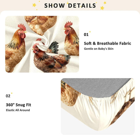 CZXW 52" 28" Farmhouse Roosters Crib Sheets Fitted x Natural Cotton Soft & Breathable for Baby Crib Mattress