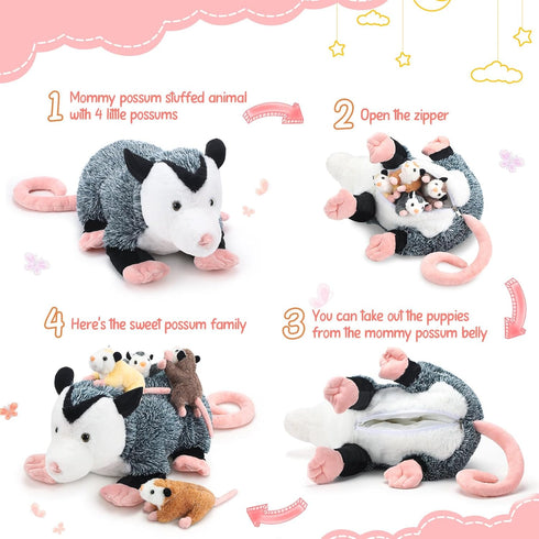 5 Pcs Stuffed Opossum Plush Toy Set, 1 Mommy Opossum with 4 Cute Baby Opossums, Gift for Opossum Lovers