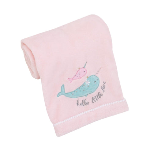 NoJo Under The Sea Whimsy Pink and Blue Narwhals, Super Soft Appliqued Baby Blanket