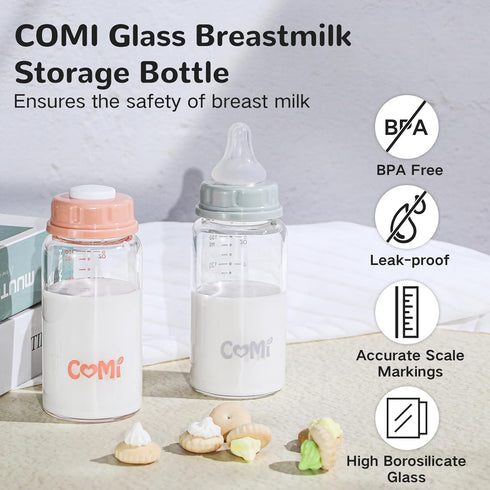 Free,6PCS (5oz,3 Gray+3 COMI Natural Glass Baby Bottle,Standard Neck Breastmilk Storage Bottle for Fridge,Breast Milk