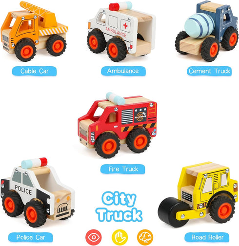 6Pcs Wooden Cars for Toddlers 1-3, Push and Go Vehicle Toys, Hand Push Car Toys for 1+ Year Old, Montessori Toys