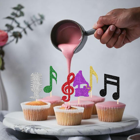 Rsstarxi 24 Pack Cupcake Toppers Glitter Microphone Musical Symbol Cupcake Picks Rock Music Concert Theme Birthday