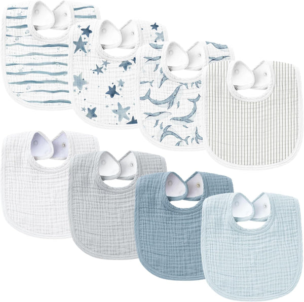 Konssy Muslin Baby Bibs 8 Pack - Baby Bandana Drool Bibs Cotton for Unisex Boys and Girls, 8 Solid Colors