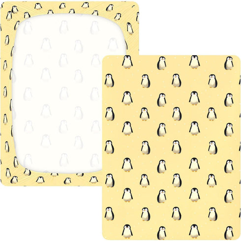 miaozhen 1 Pack 52x28 Cotton Crib Sheets for Baby Boys Girls Soft Comfy Cute Animal Penguin Pastel Yellow Toddler