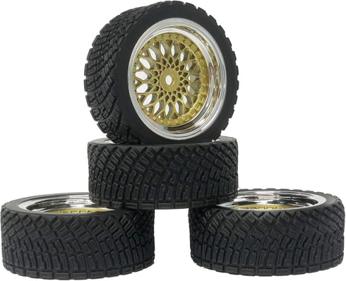 4PCS 65mm RC Rally Car Rubber Tires and Plastic Plating Wheel Rims Set 12mm Hex for 1/10 RC On-Road Rally Drift Racing Car for HSP Tamiya Sakura HPI WR8 HSP TT02 WLtoys (Gold Silver)