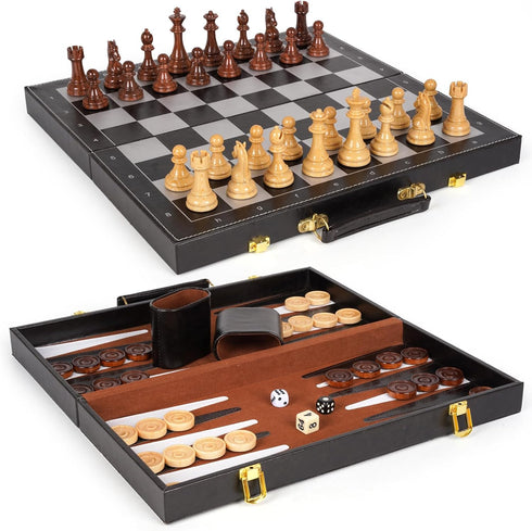 3 1 Set Backgammon Set, 15" Set, in Magnetic Chess & Checkers Board Game Wooden Folding Chess Board, Tournament