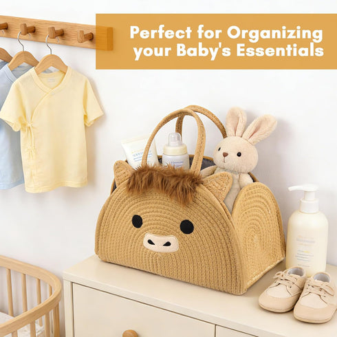 Highland Cute Cow Baby Diaper Caddy Organizer, Woven Cotton Rope Basket for Nursery, Portable Diaper Caddy Empty Gift
