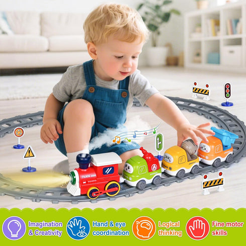 Set 2-4, Set 2 3 4 5 Train for Toddlers w/Steam, Sound & Lights, Toddler Toys for Age Electric Train with Tracks Road