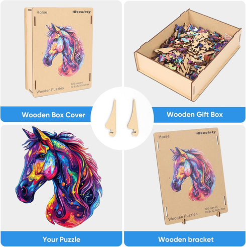 Horse Wooden Jigsaw Puzzles for Adults, 200 Pcs Beautiful Wooden Puzzle with Box, Family Game Birthday Gifts (10.8 *