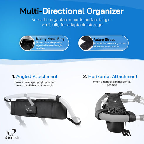 StrollAir Universal Best Double Parent Stroller Organizer Caddy with Insulated Cup Holder for Mountain Buggy TWIN