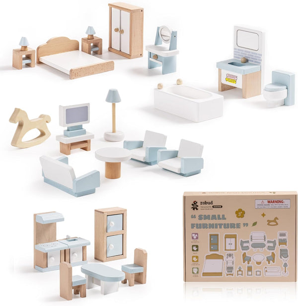 ROBUD Wooden Dollhouse Furniture Set, 23 Pcs Dollhouse Accessories, Miniature Furniture Including