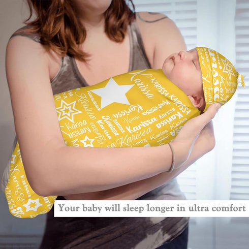 YallLocoMo Sets Custom Newborn Swaddle Blankets Hat Yellow Star Name Text Soft Baby Receiving Blanket Swaddle Sack