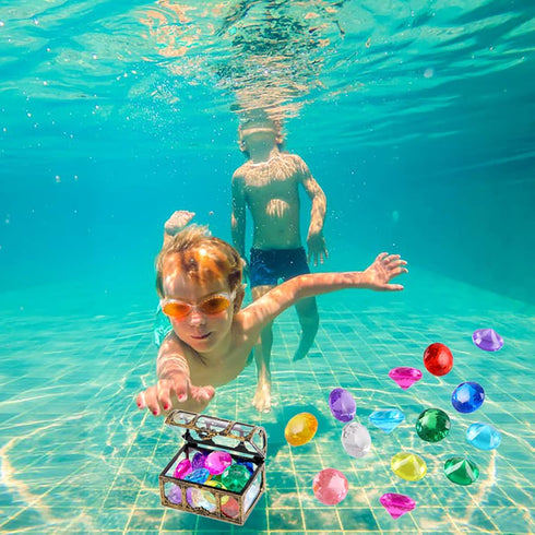 Diving Gem Pool Toys Sand Toys, 14 Color Diamond Treasure Chest Summer Swimming Gems Pirate Diving Toy Set