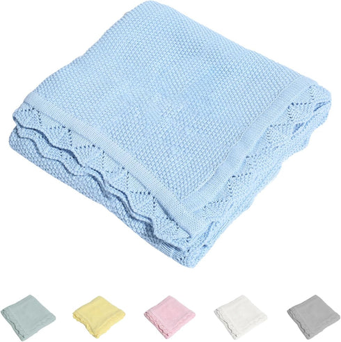 100% Cotton Baby Blanket, Knit Lace, Soft Warm Toddler Blanket, 30 x 40 Inches, Sky Blue