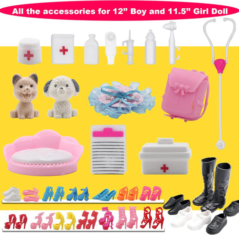 71Pcs Doll Clothes and Accessories for 12 Inch Boy and Girl Dolls, Pet Care Set with 25 Wear Clothes
