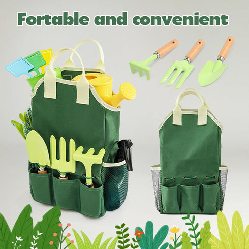 Set, Summer JOI MEW Kids Gardening Tools Garden Toys w/Wooden Handle Alloy Rake,Fork,Trowel, Watering Can,Gloves,Tote
