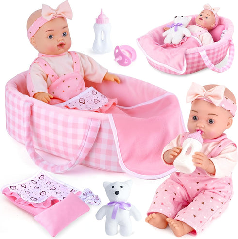 AuntyFey 12" Baby Doll Set, Baby Doll Bassinet with Accessory for Girl
