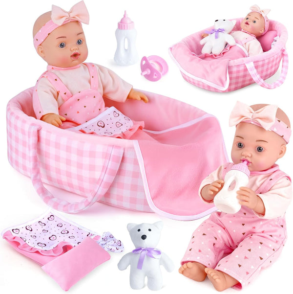 AuntyFey 12" Baby Doll Set, Baby Doll Bassinet with Accessory for Girl