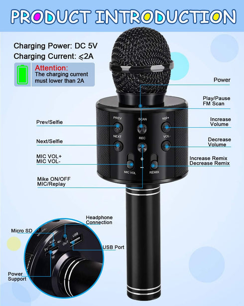 Kids Karaoke Microphone for Ages 3-12, Birthday Gifts for 5-12 Year Old Girls & Boys, Fun Toys for Teens - Black