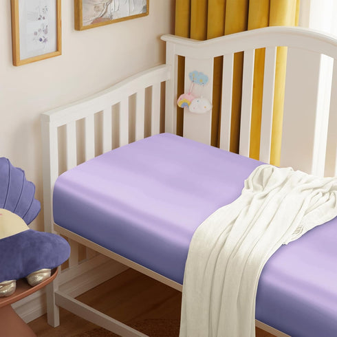 2 Pack, 28 52 8 Inch Entisn Satin Crib Sheets x x Soft Fitted Crib Mattress Sheets for Baby Girls, Light Purple Nursery