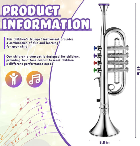 Lewtemi Silver Trumpet Musical Instruments Toy for Kid Toddler Fake Plastic Preschool Music Toy Gift Portable Wind