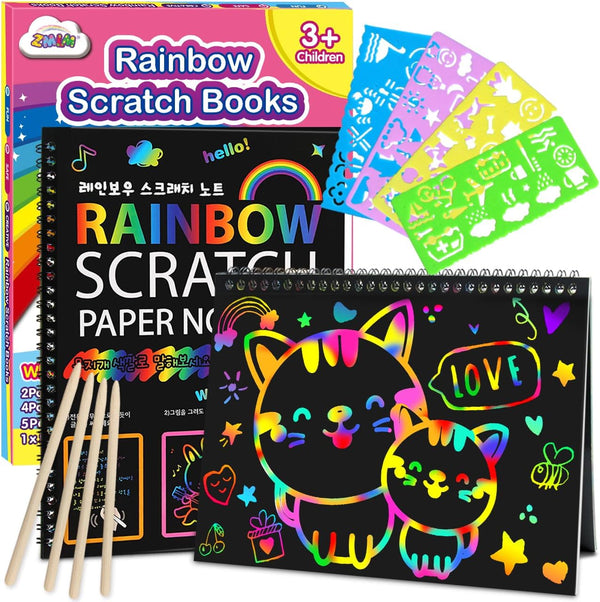 ZMLM Scratch Paper Art-Crafts Gift - 2 Pack Rainbow Notebooks for Kids Birthday Party Games, Pink