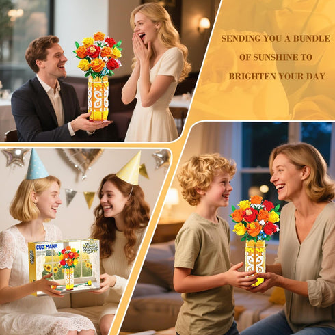Set 3.6MM CUBIMANA Flower Bouquet Building with Vase & LED Light, Yellow, Orange and Red Roses Mini Building Blocks