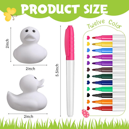 72 2 Inch 12 Jerify Pcs White Blank Rubber Ducks for Kids DIY St. Patrick's Day Creative Rubber Ducks with Pens