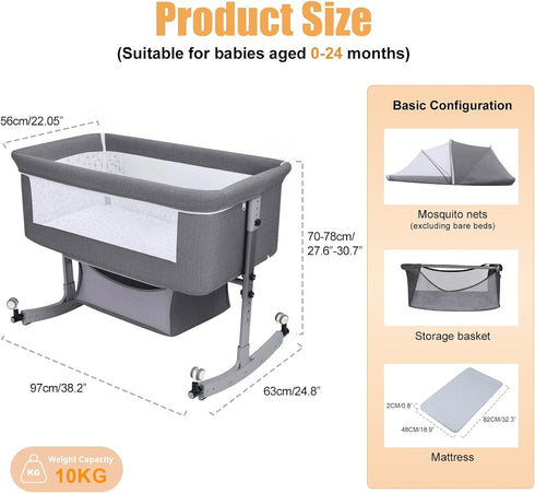 Saterkali 3 1 in Baby Bassinet | Bedside Sleeper with Storage Basket and Wheels | Bedside Crib for Baby | Height