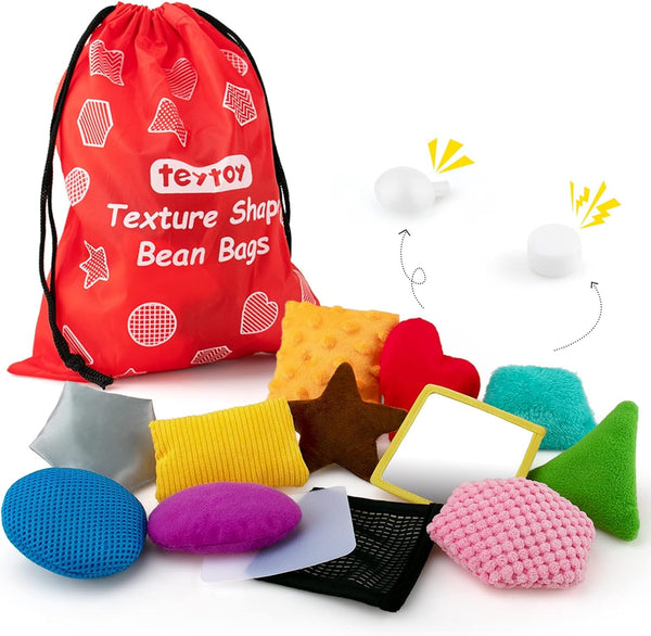 Texture Sensory Bean Bags, Set of 13 Toddler Sensory Toys for Babies, Shape Sensory Play with Storage Bag