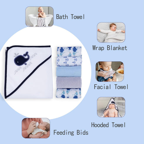 Set, 5 (6 Viviland Baby Towels and Washcloths, Soft Absorbent Baby Boy Bath Towel Whale Hooded Towels with Infant