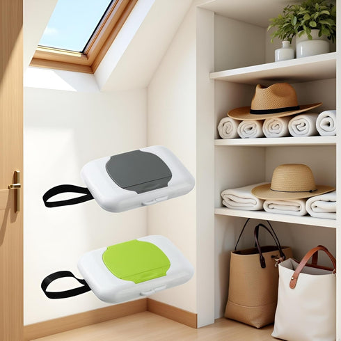 Dwuww 2Pcs Travel Wipe Holder Grey Green Reusable Wet Wipe Container Box Strollers Hanging Wipes Dispensers Wipe Case