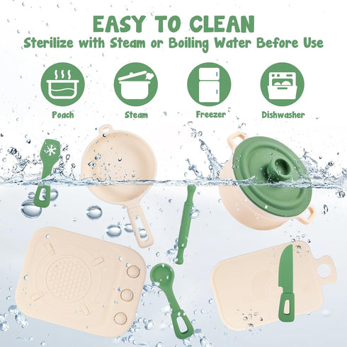 11Pcs Sets,Cooking Set 1-3,Green TYRY.HU BPA Free Kids Play Kitchen Accessories Toy, Silicone Pretend Play Food Toys