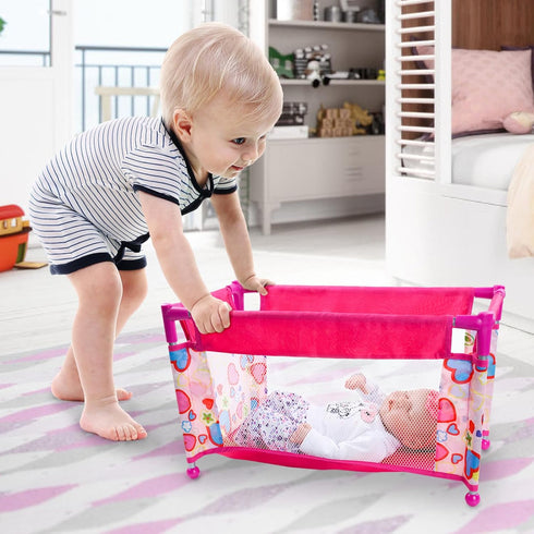 BABESIDE Baby Doll Crib, Baby Doll Bed for 17-21 Dolls, Foldable Baby Doll Playpen Toy Crib, Reborn Baby Doll Accessories with Storage Bag, Doll Pack n Play Kids Gift(Pink)