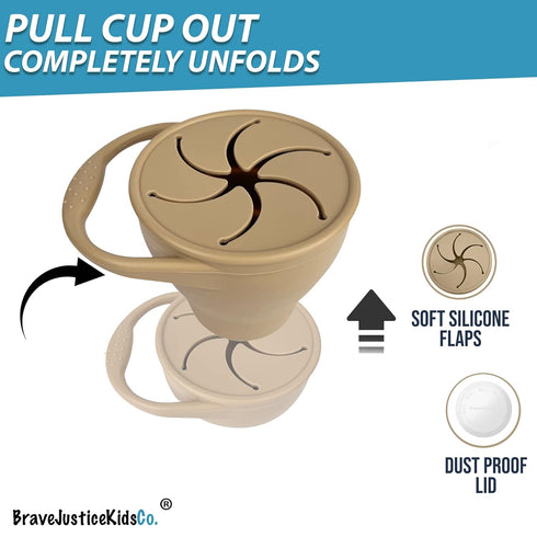 BraveJusticeKidsCo. Snack Attack Cup, Collapsible Silicone Container with Toddler and Baby Catcher Lid (Warm Sand)