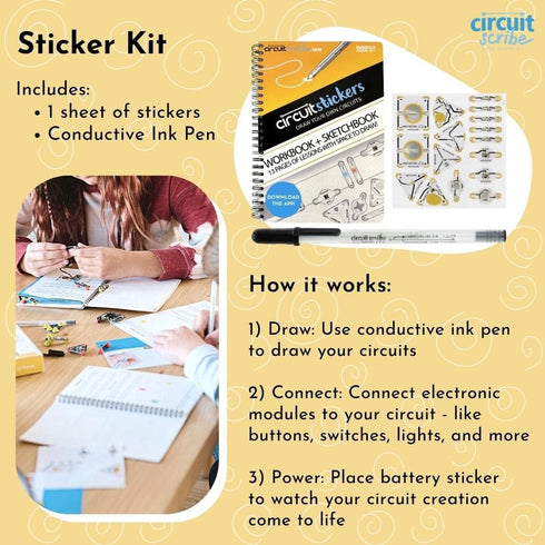 Circuit Scribe Sticker Kit - Circuit Drawing Conductive Ink Pen & 11 Electronic Sticker Modules for Ages 8+