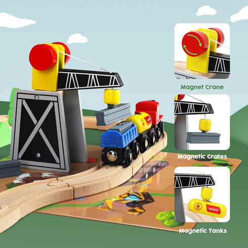 TOY Life 80pcs Wooden Train Set - Fits Thomas Brio Melisa Chugginton, Toddler Boy Toy Train Set, 3+