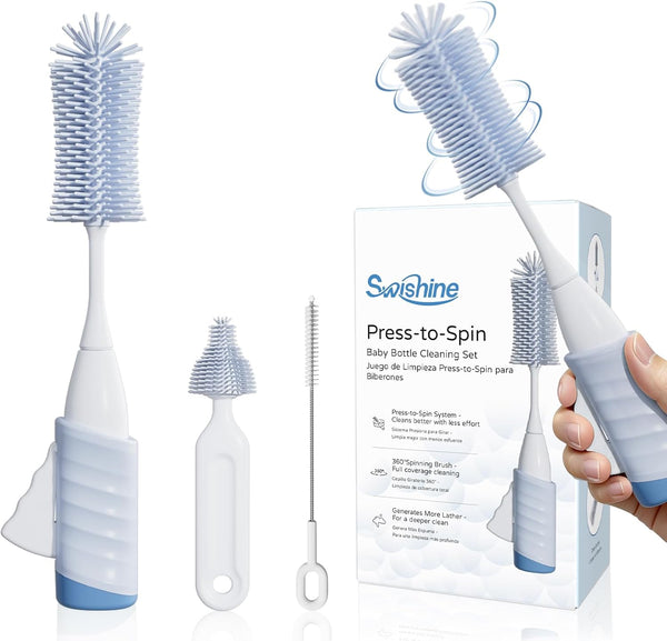 Swishine Baby Bottle Brush Set, Innovative Efficient Press-to-Spin Brush Cleaner - Includes Silicone