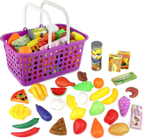 Click N' Play Grocery Cart & Pretend Food Set for Kids, 32pcs Plastic Fruits & Vegetables + Shopping Cart