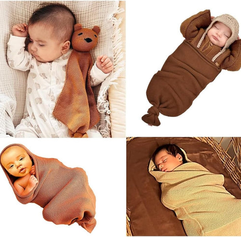 Minora Set, 1 Set (1 1 1 0-8 Newborn Essentials Baby Swaddle Blanket Piece Pacifier Holder, Cocoon Swaddle Sack, Teddy