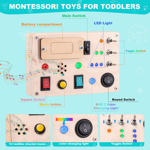 Busy Board Toddler Montessori Toys with LED Light Switch, Sensory Wall Panel for Busy Toddlers 1-3