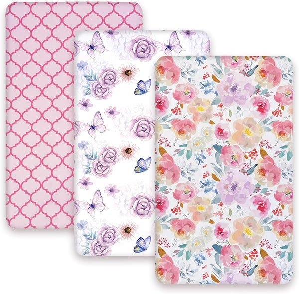 AMROSE 3 Pack Soft Mini Crib Sheets, Microfiber Pack N Play Sheets Set