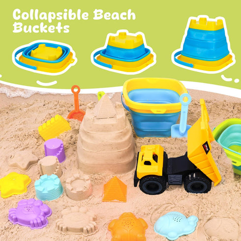 1-3 2 4-8, AuntyFey Beach Sand Toys for Toddler with Trucks, Collapsible Beach Toys for Kids Ages Sandbox Toys