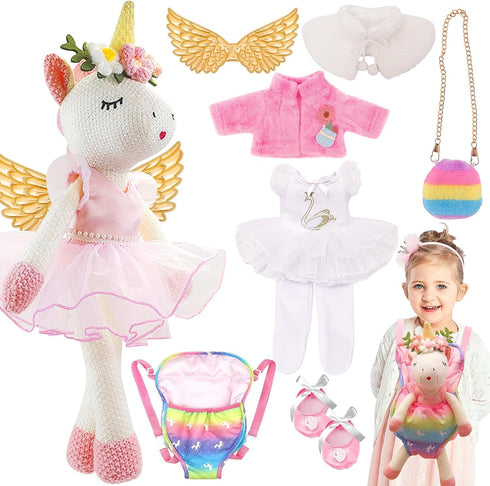 SUPERGFS Unicorn Stuffed Animals Plush Ballerina Baby Doll with Doll Carrier Cloth Accessories