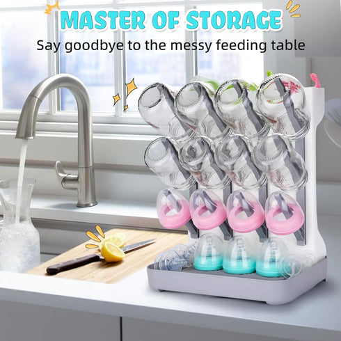ZYLOHA 12 Baby Bottle Drying Rack: Space Saving Vertical Bottle Drying Holder with Brushes Holder - Large Bottle
