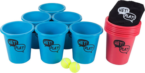 Hey! Play! Large Beer Pong Outdoor Game Set: 12 Buckets, 2 Balls, Tote Bag for Kids & Adults