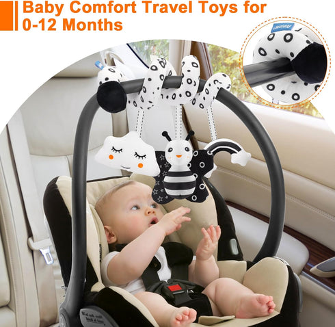 FPVERA Infant Car Seat Toys for Babies 0-6 Months: Travel Baby Toy for Rear Car Seat, Adjustable Mobile Activity Arch with Music, Sensory Hanging Toy Fits SafetyCrib, Stroller (Black Whtie)